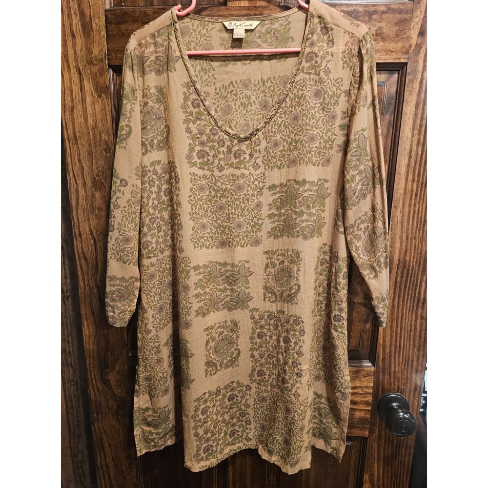 April Cornell L Floral Tunic Dress Boho Cottagecore India V Neck Long Beading